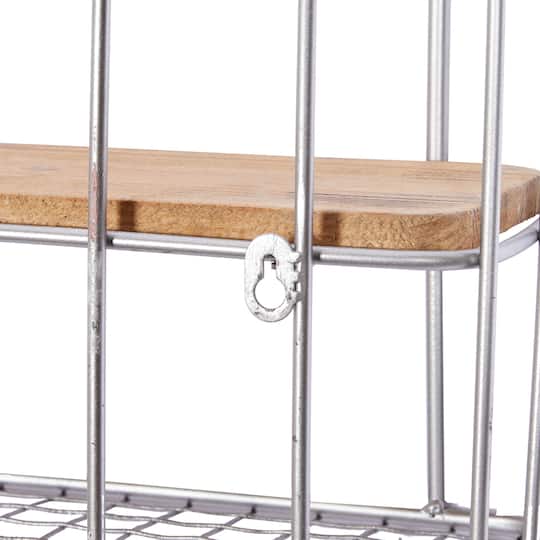 Set of 2 Silver Metal Basket & Wooden Wall Shelf Units With Hooks